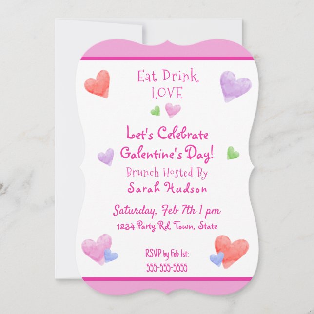Convite EAT DRINK LOVE Galentines Fun Watercolor Hearts (Frente)