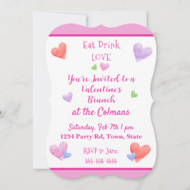 Convite EAT DRINK LOVE Valentines Watercolor Hearts
