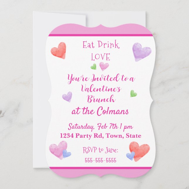 Convite EAT DRINK LOVE Valentines Watercolor Hearts (Frente)