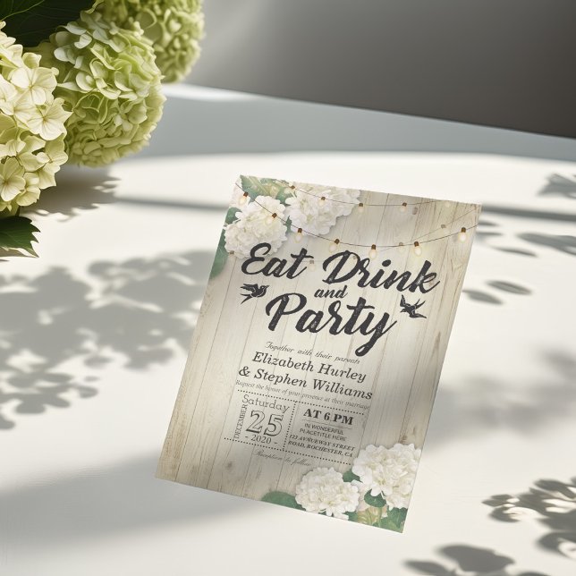 Convite EAT Drink & Party Weding Flower Wood String Light (Criador carregado)