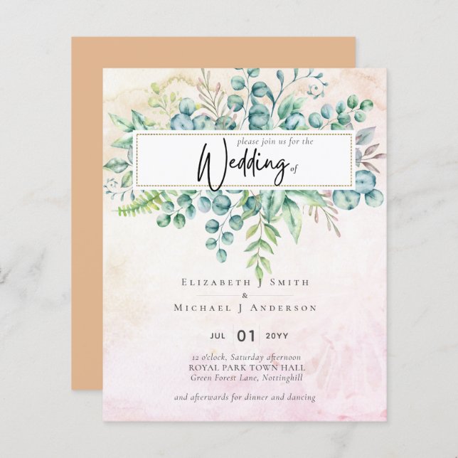 Convite econômico de Coral Laranja com tons de Pês (Frente/Verso)