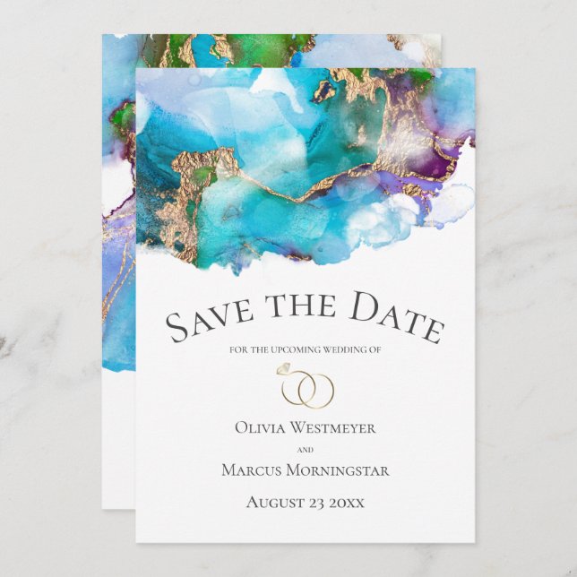 Convite Economize a Data Abstrato Turquesa Tinta Dourada d (Frente/Verso)