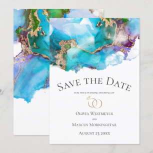 Convite Economize a Data Abstrato Turquesa Tinta Dourada d