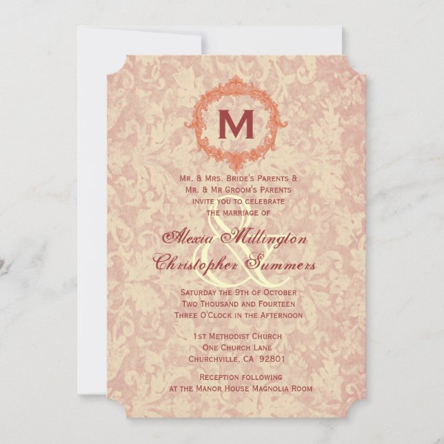 Convite Ecru Damask Vintage Frame Monogram V2 (Frente)