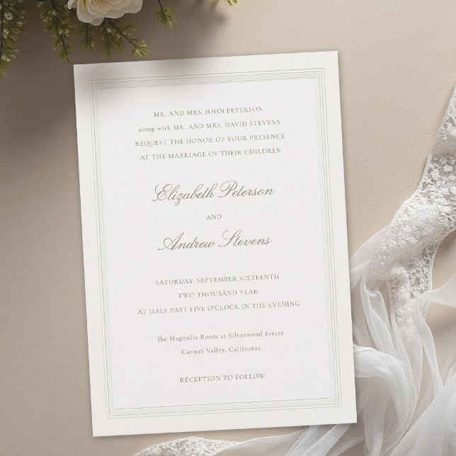 Convite Ecru Formal Romance Clássico com Triplo Arco Casam (formal wedding invitation modern classic triple frame faux embossed black tie ballroom ecru romance)