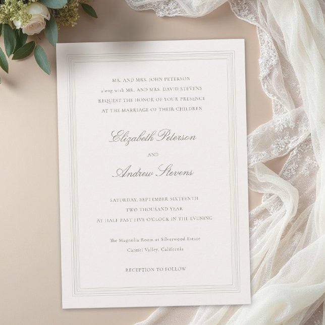 Convite Ecru Formal Romance Clássico Moldura Tripla 2 Casa (formal wedding invitation modern classic triple frame faux embossed black tie ballroom ecru subtle)