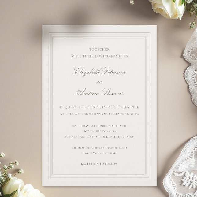 Convite Ecru Formal Romance Moderno Clássico Triplo Casame (formal wedding invitation modern classic triple frame faux embossed black tie ecru couple host)