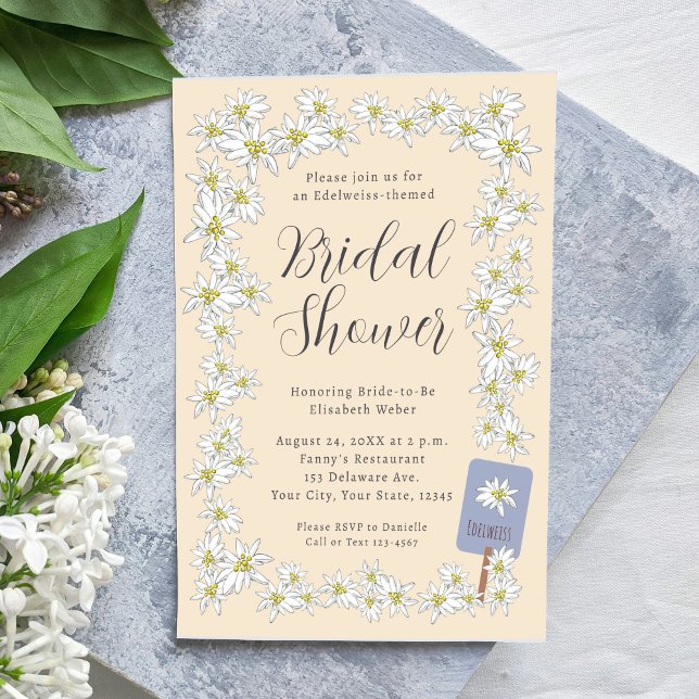 Convite Edelweiss Alps Chá de panela de Champanhe de Flor  (This Edelweiss themed bridal shower invitation features my hand-drawn border of Alpine wildflowers.)