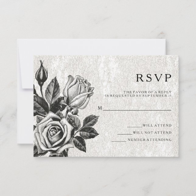 Convite Edgar Victorian Rosas Black and White RSVP (Frente)