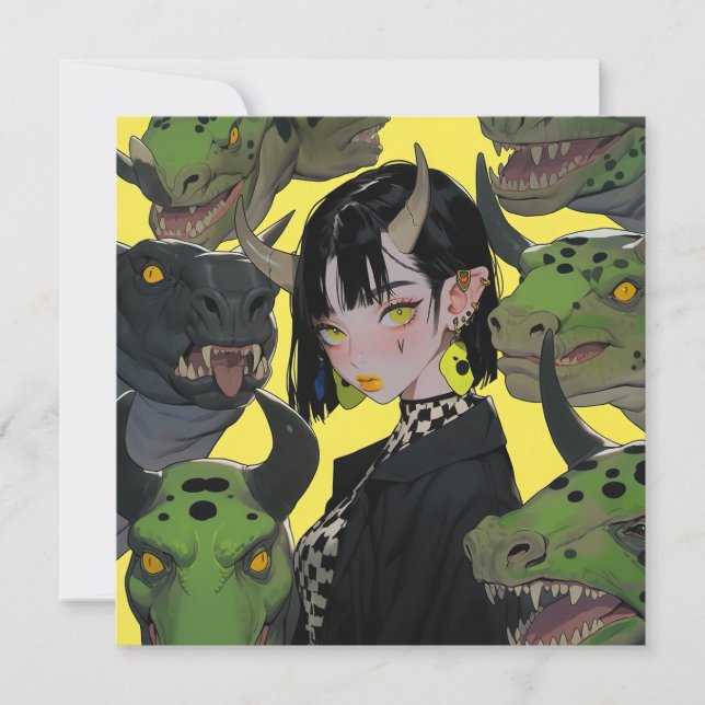 Convite Edgy Anime Girl com dinossauros (Frente)
