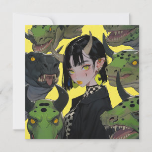 Convite Edgy Anime Girl com dinossauros