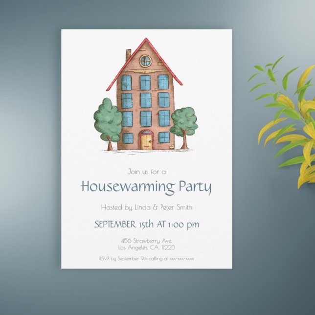 Convite Edifício Apartamento e Árvores Nova Casa (Cute housewarming party invitation with an illustration of a building and some trees)