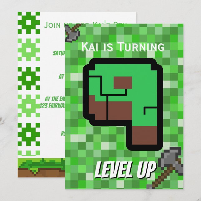 Convite Edifício Verde do Gamer Pixelado Nível 9 (Frente/Verso)