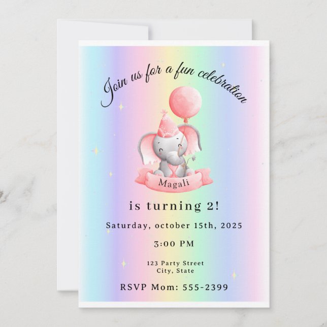 Convite Editable 2nd Birthday Invitation Cute Elephant (Frente)