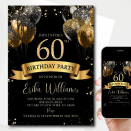 Convite Editable 60th Birthday Invitation: Black & Gold Ba