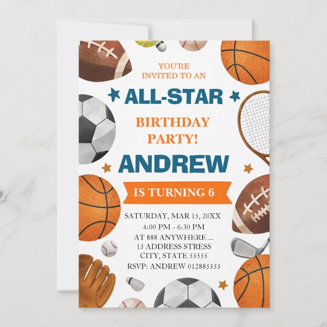 Convite Editable All Star Sports Birthday Invitation (Frente)