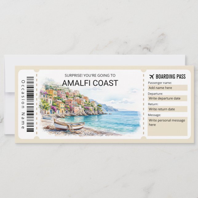 Convite Editable Amalfi Coast Trip Boarding Pass Ticket (Frente)