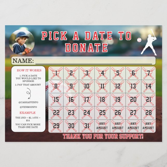 Convite Editable Baseball Fundraiser Calendar  (Frente)