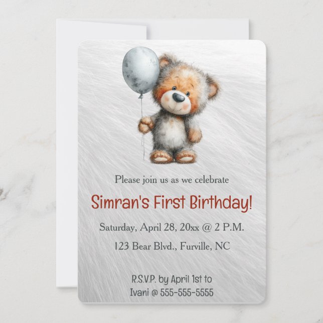 Convite Editable Bear and a Balloon Birthday (Frente)