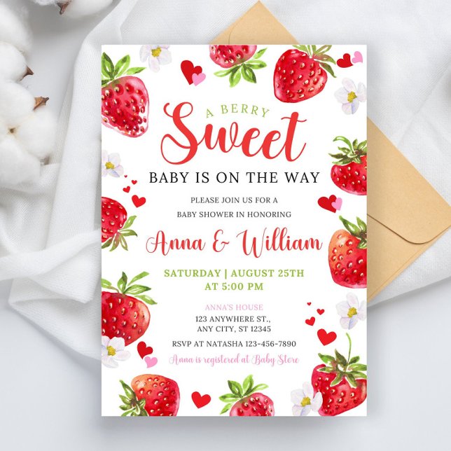 Convite Editable Berry Sweet Baby Shower Invitation, Blush (Criador carregado)