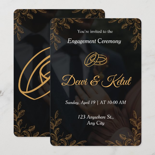 Convite Editable Black Gold Engagement Invitation Template (Frente/Verso)