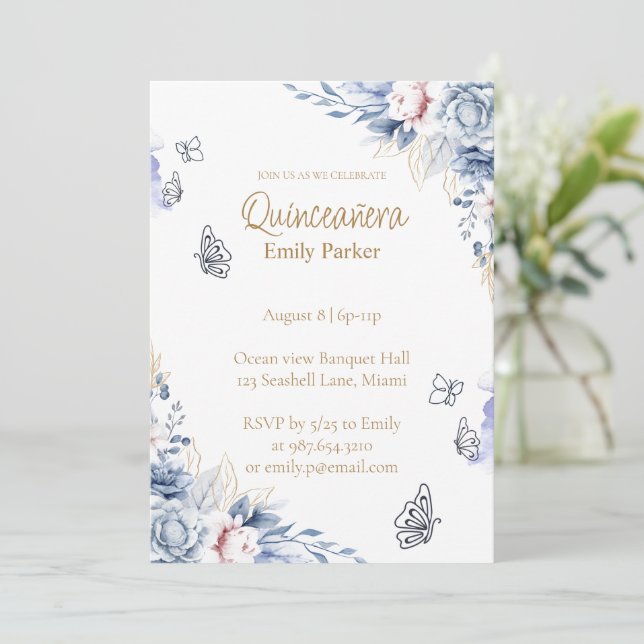 Convite Editable Blue and Gold Quinceañera Invitation (Em pé/Frente)