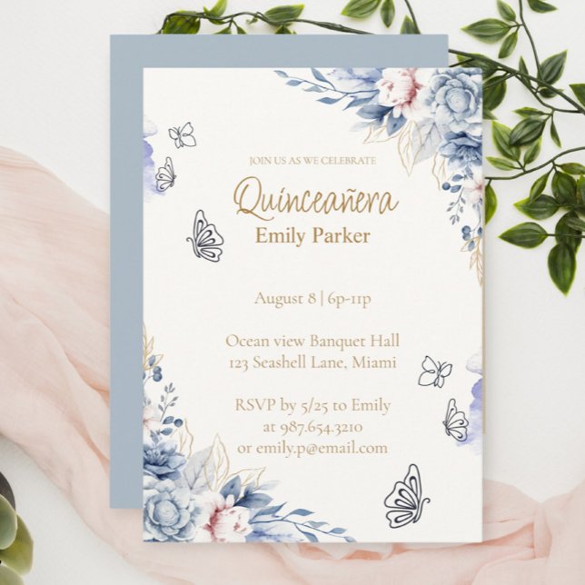 Convite Editable Blue and Gold Quinceañera Invitation (Criador carregado)