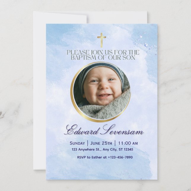 Convite Editable Blue Cloud Baby Boy Baptism  (Frente)