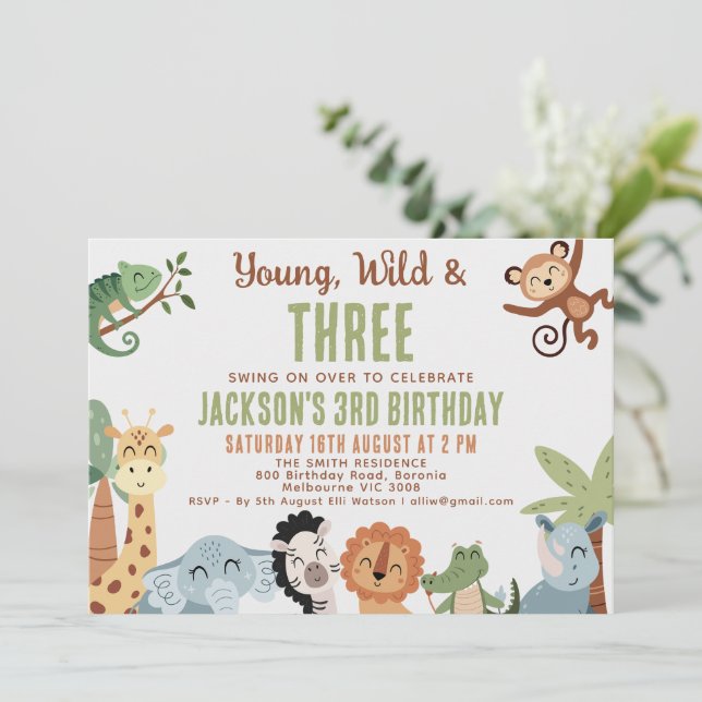 Convite Editable Brown Green Young Wild Three 3rd Birthday (Em pé/Frente)