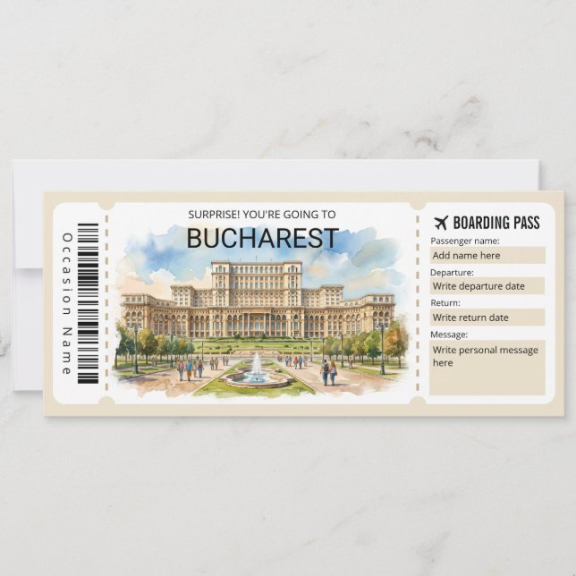 Convite Editable Bucharest Plane Boarding Pass Ticket (Frente)
