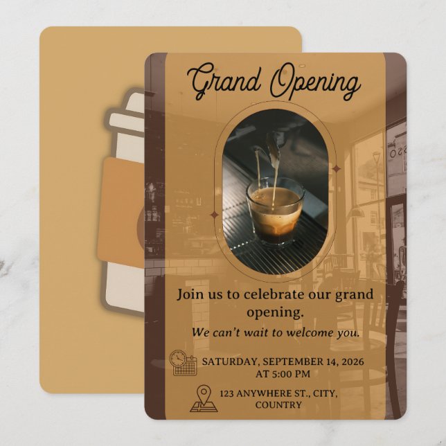 Convite Editable Cafe Opening Invitation Card Design (Frente/Verso)