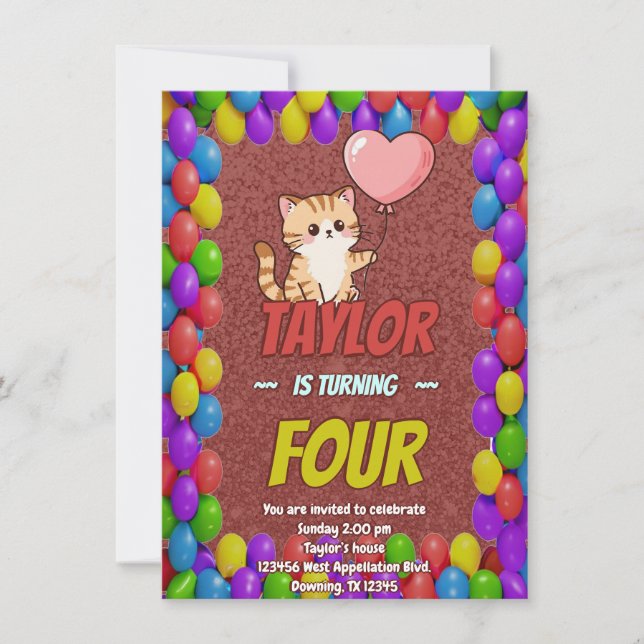 Convite Editable Cat-Themed Birthday Invitation Balloon (Frente)