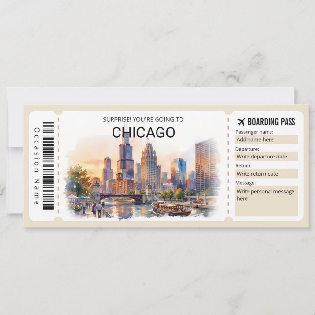 Convite Editable Chicago Trip Boarding Pass Ticket (Frente)