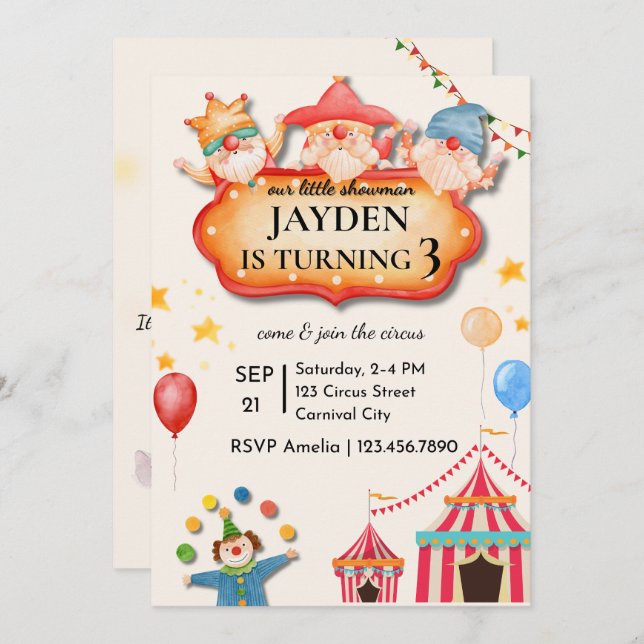 Convite Editable Circus Birthday Invitation (Frente/Verso)