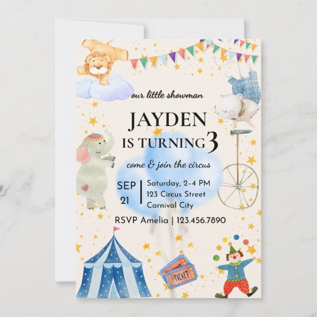 Convite Editable Circus Birthday Invitation for Boys&Girls (Frente)