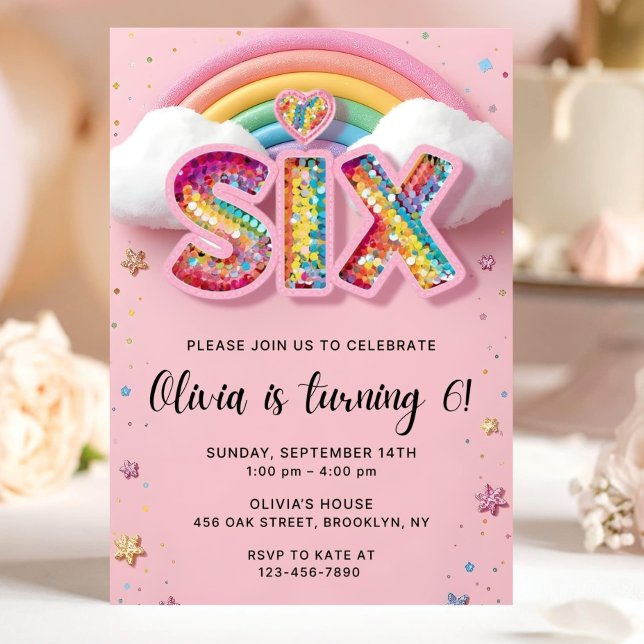Convite Editable Colorful Rainbow Sequin 6th Birthday Invi (Criador carregado)
