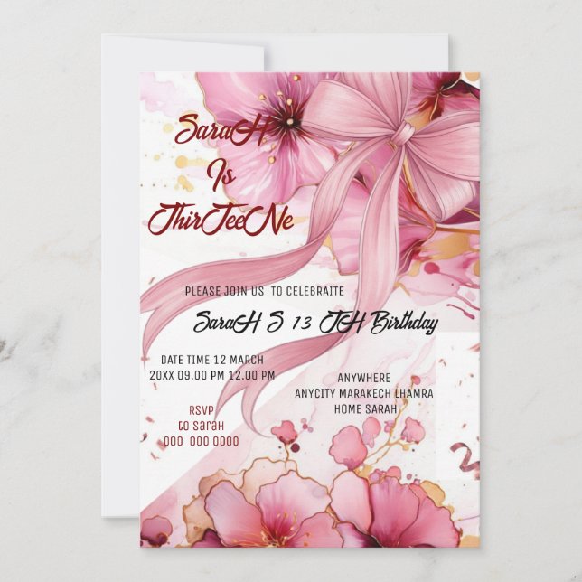 Convite Editable Coquette Pink Bow Birthday Invitation, Pi (Frente)
