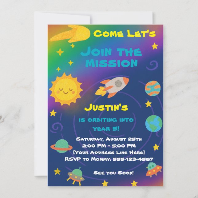 Convite Editable Crayon Style – Solar System Birthday (Frente)