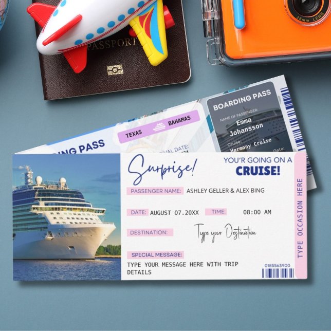 Convite Editable Cruise Ticket Surprise Boarding Pass (Cruise Surprise Boarding Pass | Cruise Vacation Editable Cruise Ticket Template )