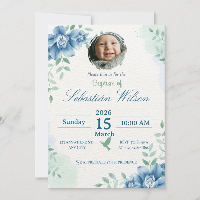 Convite Editable Cute Baby Boy Baptism (Frente)