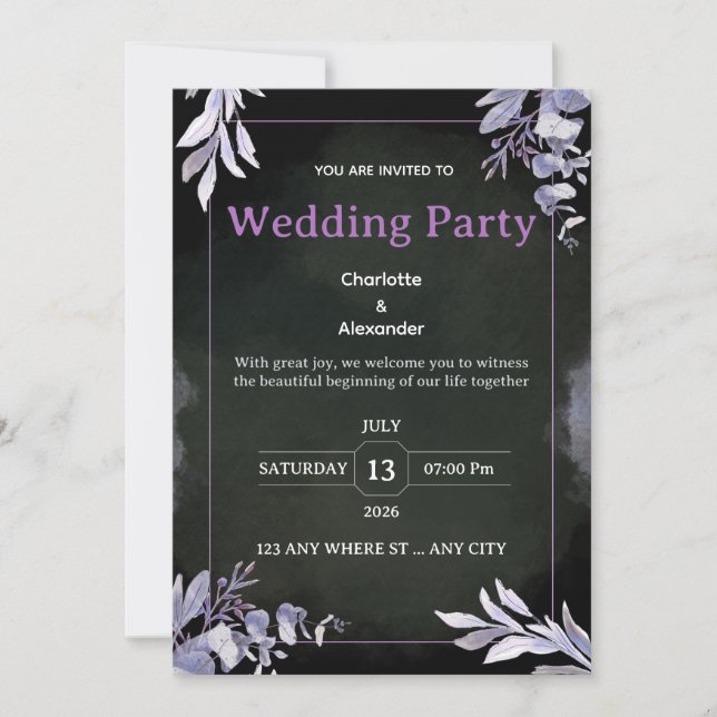 Convite Editable Dark Botanical Wedding Invitation (Frente)