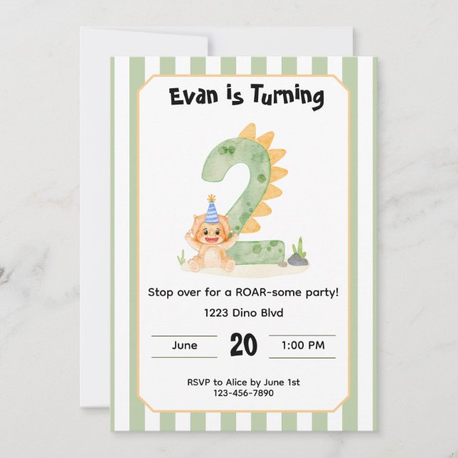 Convite Editable Dinosaur 2nd Birthday Invitation  (Frente)