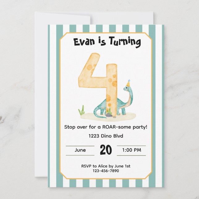 Convite Editable Dinosaur 4th Birthday Invitation  (Frente)