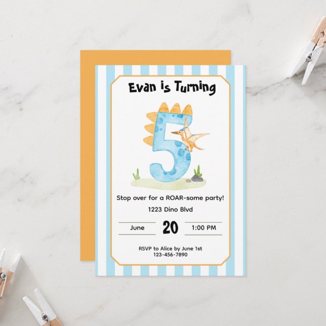 Convite Editable Dinosaur 5th Birthday Invitation  (Frente/Verso In Situ)
