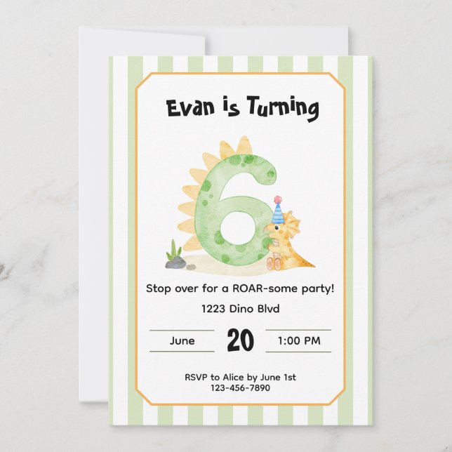 Convite Editable Dinosaur 6th Birthday Invitation  (Frente)