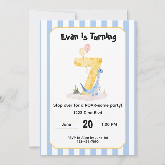 Convite Editable Dinosaur 7th Birthday Invitation  (Frente)