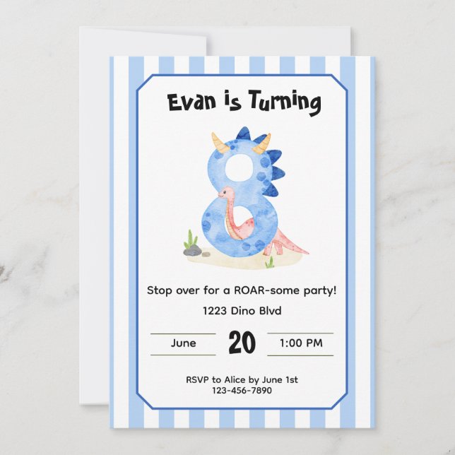 Convite Editable Dinosaur 8th Birthday Invitation  (Frente)