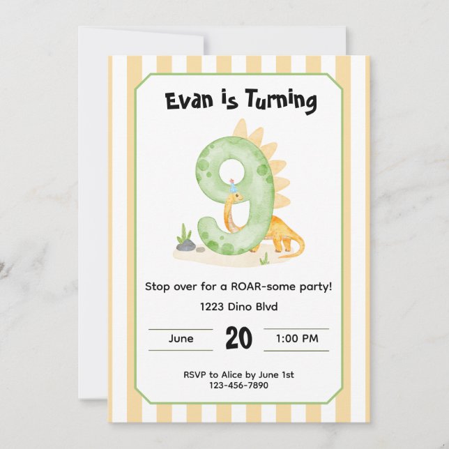 Convite Editable Dinosaur 9th Birthday Invitation  (Frente)