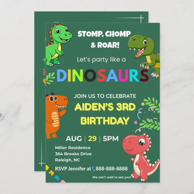 Convite Editable Dinosaur Birthday Invitation (Frente/Verso)