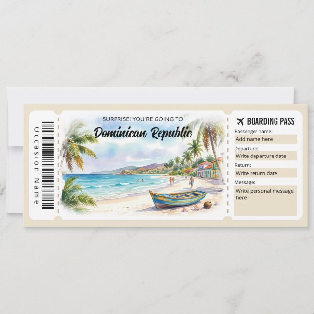 Convite Editable Dominican Republic Trip Boarding Pass (Frente)